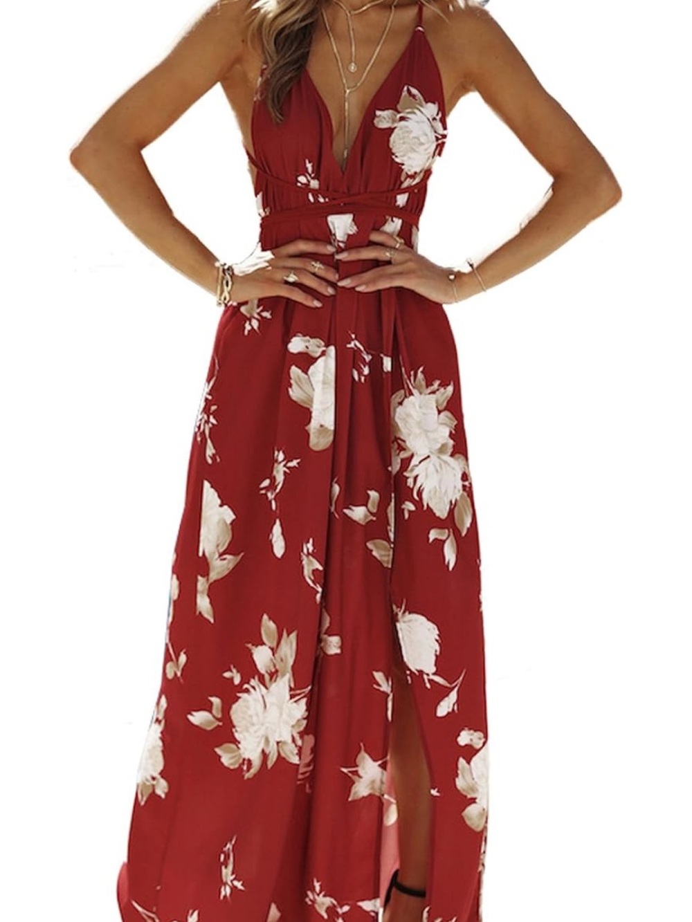 Red Floral Maxi Dress with Plunge Neck